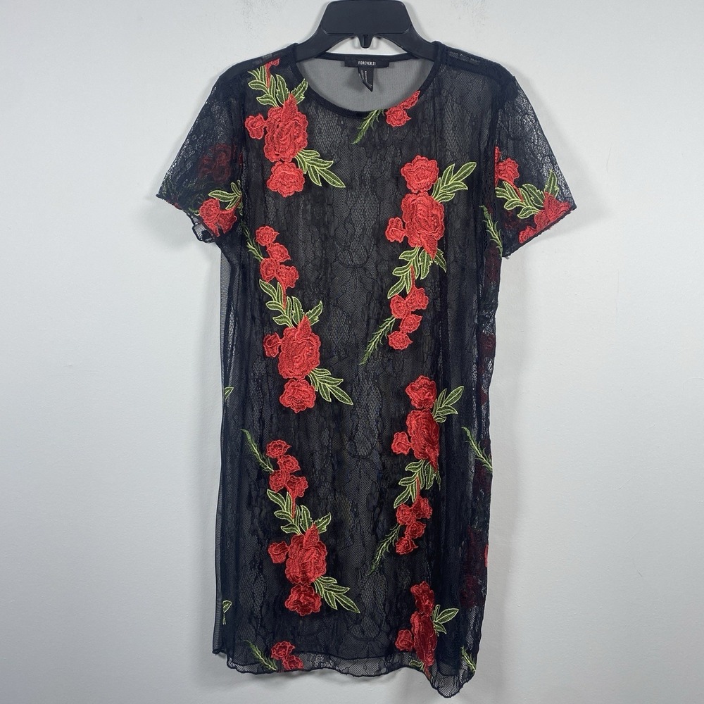 Forever 21 Sheer Black Red Roses Shirt Mini Dress Whimsigoth Witchy Goth Punk M